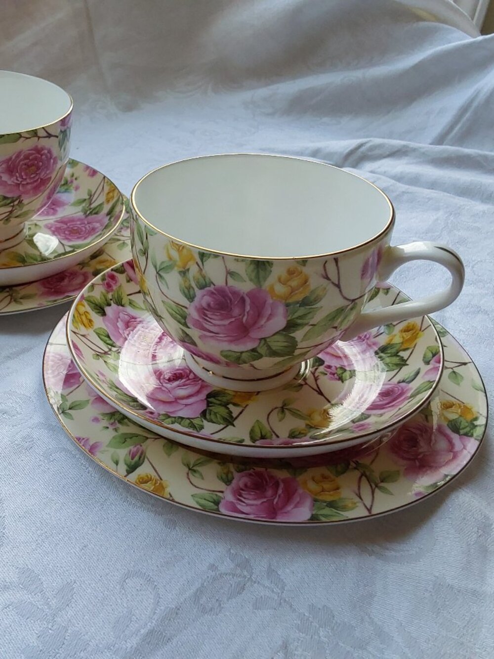 Pair Maxwell Williams chintz cup saucer plate sets "Peony" pink roses